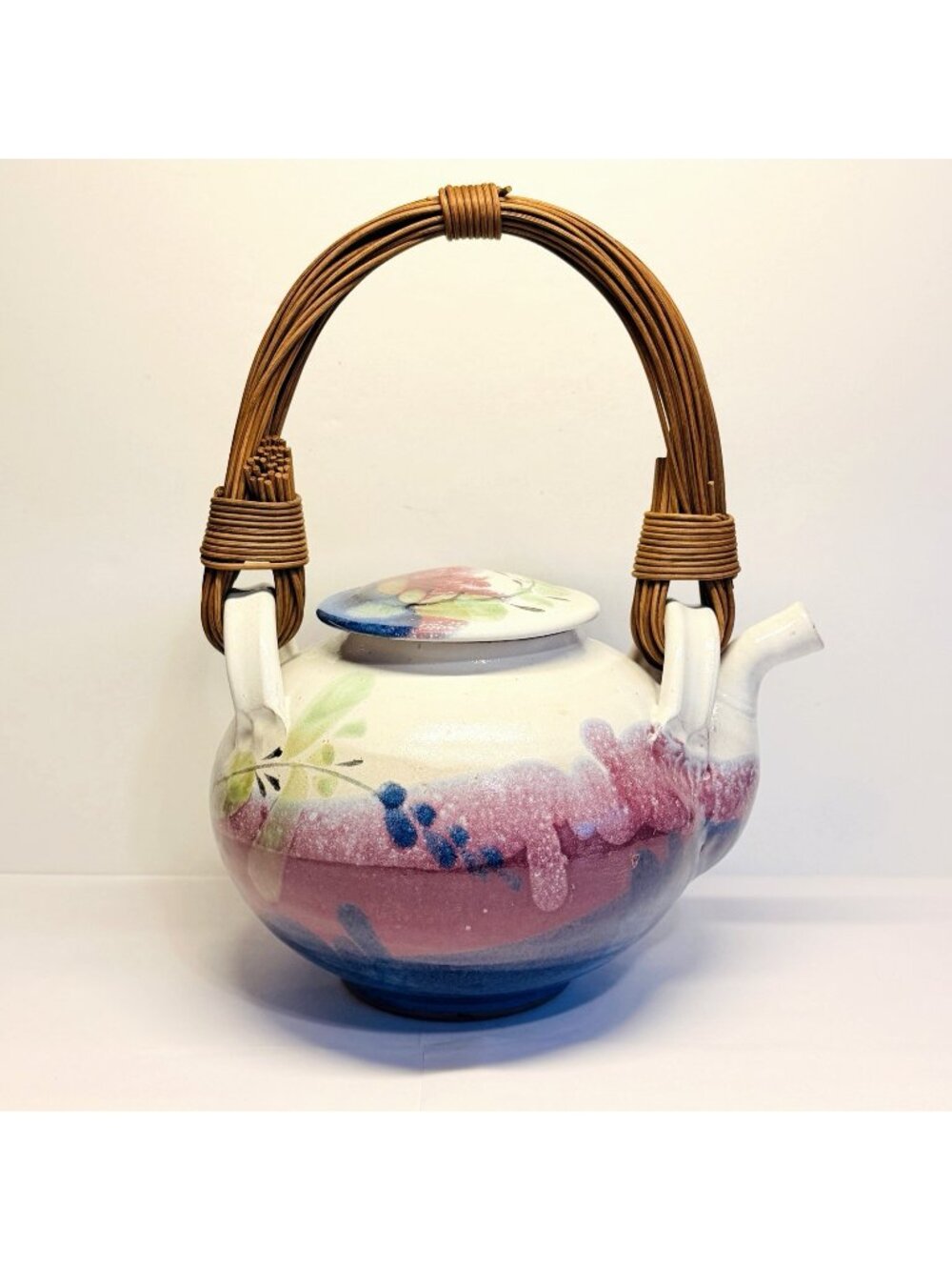 Jeff Chang Hawaii Art Pottery Large Lidded Teapot 2000 Floral Painted Glazed